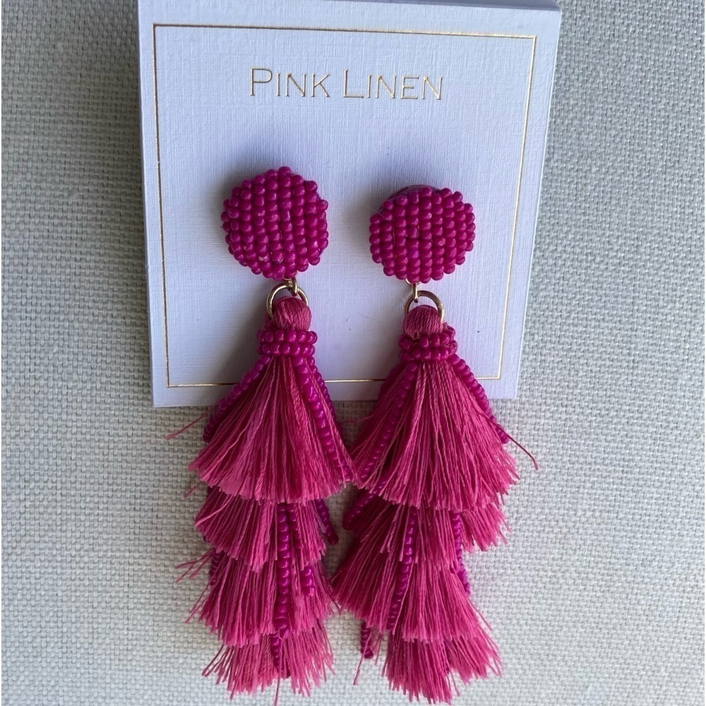 PINK LINEN Beaded Tassel Post Earrings Pink New